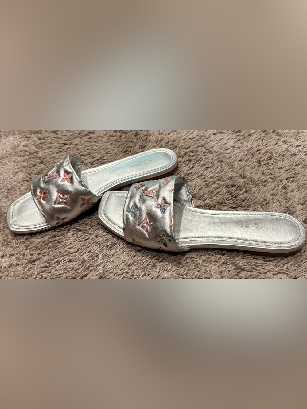 Louis Vuitton Silver Slide Sandals with Multicolor Monogram Accents